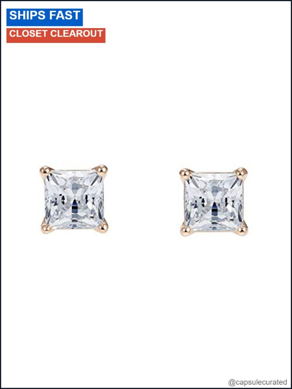 Square Cut Crystal Stud Earrings Rose-Gold Tone Push Back Elegant